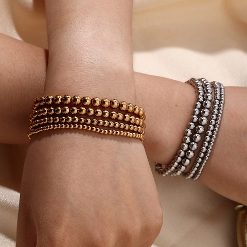 Stainless Steel Elastic Beaded Bracelet 18K Gold Plated Minimalist Retro Stacking Ball Bracelets For Women Men Daily Jewelry