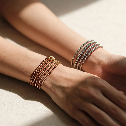 Stainless Steel Elastic Beaded Bracelet 18K Gold Plated Minimalist Retro Stacking Ball Bracelets For Women Men Daily Jewelry