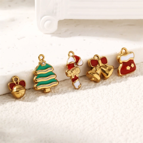 18K Gold Plated Stainless Steel Christmas Charms Enamel Bow Bell Tree Sock Candy Cane Pendant For DIY Jewelry Making Accessories