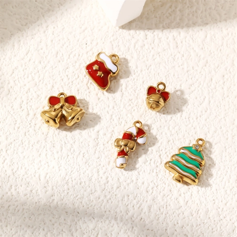 18K Gold Plated Stainless Steel Christmas Charms Enamel Bow Bell Tree Sock Candy Cane Pendant For DIY Jewelry Making Accessories