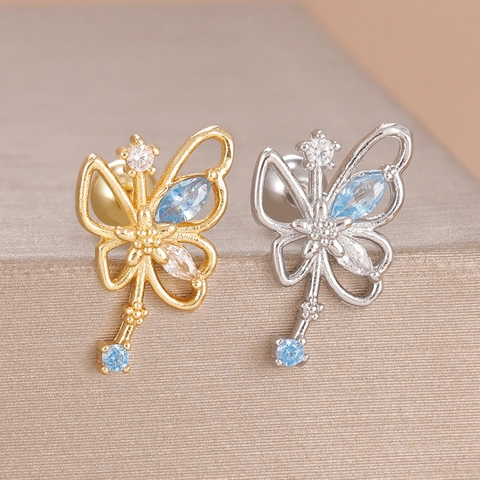 Blue Zircon Butterfly Fairy Wand Stainless Steel Ear Bone Stud Earrings Screw Ball Back Dainty Jewelry For Women