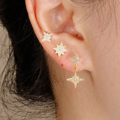 Stainless Steel North Star Earring Set Zircon Inlaid Gold Silver Rose Gold Dangle Stud Earrings Jewelry For Women