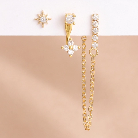 Pendientes de Circonita con Estrella de Ocho Puntas y Borlas para Mujer Joyería Minimalista de Cobre Poste Oro