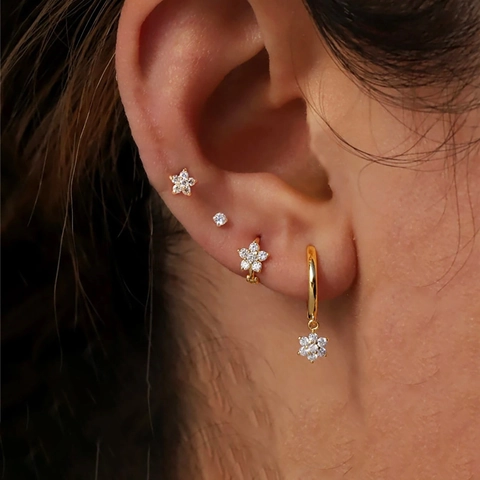 Stainless Steel Zirconia Flower Stud Hoop Earrings With 925 Sterling Silver Earring Post Geometric Ear Cuff Jewelry For Women