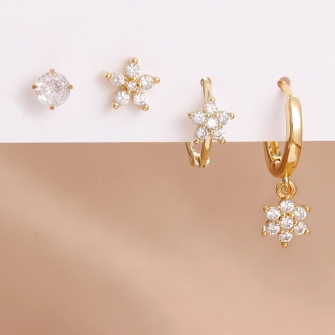 Stainless Steel Zirconia Flower Stud Hoop Earrings With 925 Sterling Silver Earring Post Geometric Ear Cuff Jewelry For Women