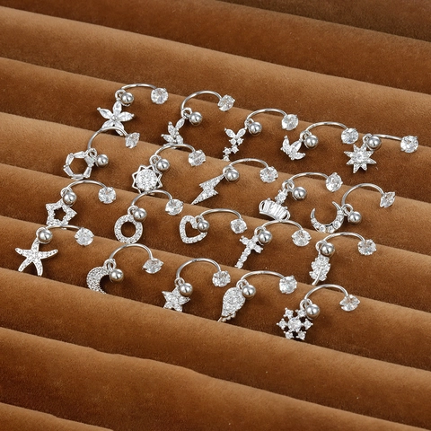 Piercing de Nombril en Cuivre avec Strass Boucle d'Oreille de Cartilage Courbée en Forme de C Bijoux de Corps Mode Femme Pendentif Cœur Étoile Lune