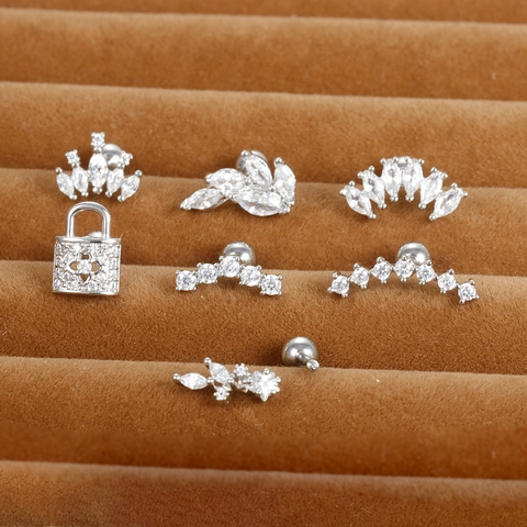 Stainless Steel Cubic Zirconia Piercing Earrings For Women Screw Ball Back Helix Cartilage Stud Crown Leaf Lock Jewelry