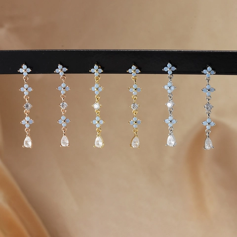 Ins Style 18K Gold Plated Copper Flower Stud Earrings For Women Light Blue Synthetic Opal Zirconia Dangle Hoop Earrings