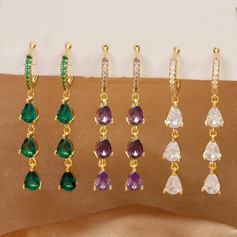 Mode Peervormige Koperen Zirkonia Druppel Oorknoppen Drielagige Waterdruppel Hangende Oorbellen Voor Vrouwen INS Stijl Feest Sieraden