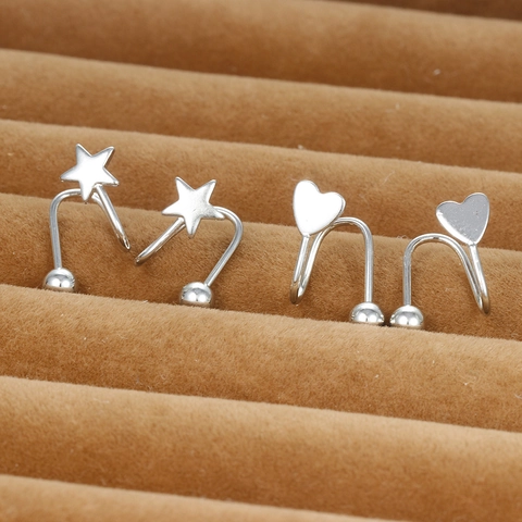 Double Layer Heart Star Screw Back Stud Earrings For Women Korean Style Spiral Spring Copper Silver Color Ear Clip Jewelry
