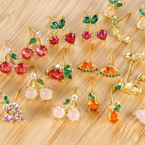 18K Gold Plated Copper Fruit Stud Earrings With 925 Sterling Silver Earring Post Colorful Zircon Cherry Pineapple Orange Jewelry For Women