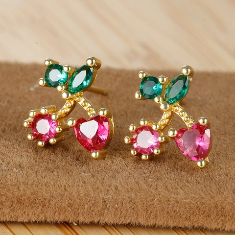 18K Gold Plated Copper Fruit Stud Earrings With 925 Sterling Silver Earring Post Colorful Zircon Cherry Pineapple Orange Jewelry For Women