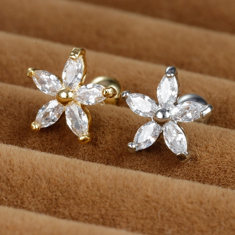 Stainless Steel Daisy Flower Stud Earrings With Rhinestone Petite Piercing Jewelry Screw Ball Back For Women Gold Silver