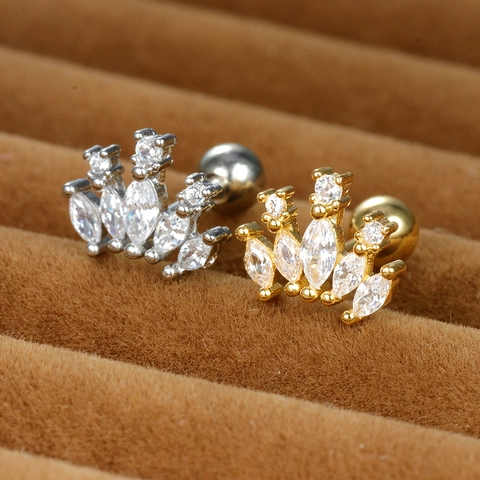 Shiny Stainless Steel Crown Stud Earrings Rhinestone Screw Ball Back Cartilage Piercing Jewelry For Women Fashion Ear Accessory
