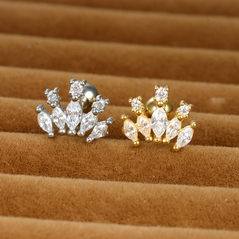 Shiny Stainless Steel Crown Stud Earrings Rhinestone Screw Ball Back Cartilage Piercing Jewelry For Women Fashion Ear Accessory