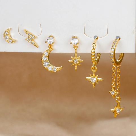 Pendientes de Botón Asimétricos Estrella Luna Rayo Cobre Chapado en Oro 18K Zirconia Colgantes para Mujer Joyería