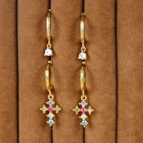French Luxury 18K Gold Plated Copper Colorful Rhinestone Cross Hoop Earrings For Women Personalized Chain Link Drop Earrings Jewelry