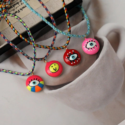 Bohemian Hand Woven Cotton Rope Bracelet Alloy Enamel Evil Eye Smile Face Pendant Bracelet For Women Daily Jewelry Gift