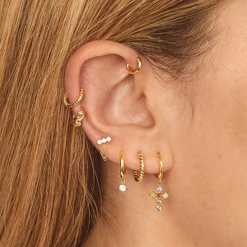 French Luxury 18K Gold Plated Copper Colorful Rhinestone Cross Hoop Earrings For Women Personalized Chain Link Drop Earrings Jewelry