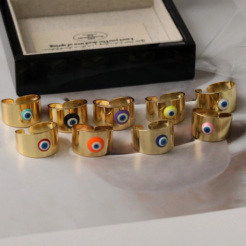 Bague Ouverte Mauvais Œil Plaquée Or 18K pour Femme Émail Coloré Réglable en Acier Inoxydable Cuivre Bijoux de Mode Bague Ethnique
