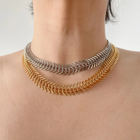 Fishbone Necklace 304 Stainless Steel 18K Gold Plated Exaggerated Nautical Style Choker For Women Clavicle Chain Jewelry