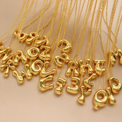 Collier Pendentif Lettre Bulle 3D en Cuivre Plaqué Or 14K pour Femmes Ras du Cou Initial Minimaliste Bijoux de Mode