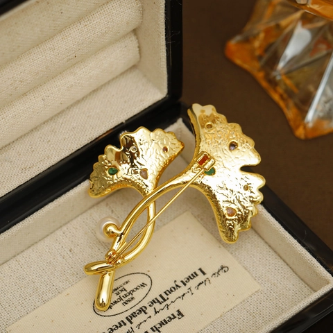 Spilla a Foglia di Ginkgo Vintage Francese Gioielli in Rame Spilla Ginkgo Biloba di Lusso Con Zirconia E Perla d'Acqua Dolce