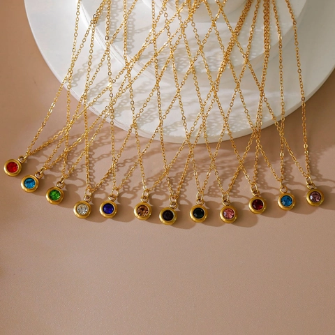 Collier Pendentif Pierre de Naissance en Acier Inoxydable Plaqué Or 18K pour Femme Collier Choker Solitaire en Zirconia Rond