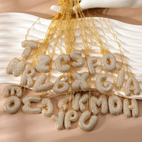 Hip Hop Bubble 26 English Letters Pendant Necklace For Women Men Gold Plated Copper Pave Zirconia Initial Name Necklace