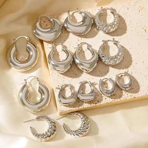 Vintage Roestvrij Stalen Chunky Creolen Voor Dames Geribbelde Geometrische Glanzende Oorbellen Met 925 Sterling Zilver Stift Sieraden