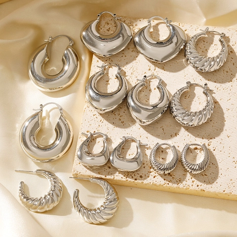 Vintage Roestvrij Stalen Chunky Creolen Voor Dames Geribbelde Geometrische Glanzende Oorbellen Met 925 Sterling Zilver Stift Sieraden