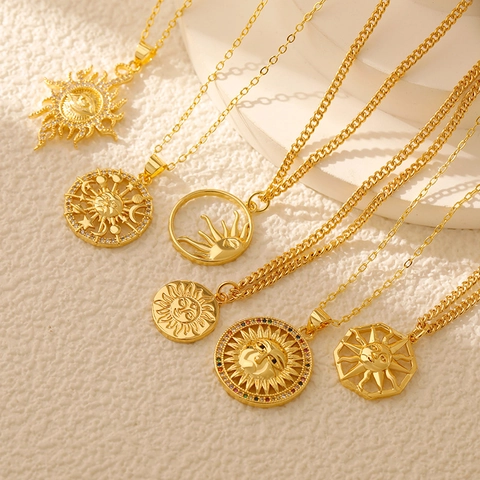Collier Vintage en Acier Inoxydable Avec Pendentif Soleil Lune Étoile pour Hommes Femmes Or Acier Titane Tarot Zirconia Bijoux