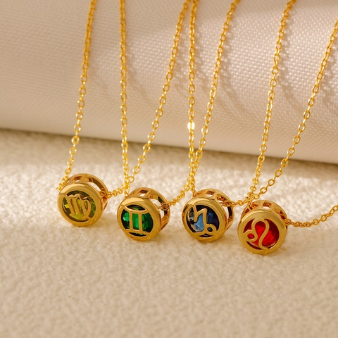 Collier Pendentif Zodiaque en Cuivre Plaqué Or Chaîne en Acier Inoxydable Zircone Douze Constellations Bijoux Pour Femmes