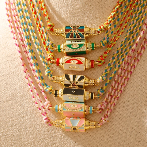 Collier Pendentif Oeil du Mal Carte de Tarot Bohème pour Femme Corde Tissée Colorée Cuivre Plaqué Or Émail Strass Bijoux