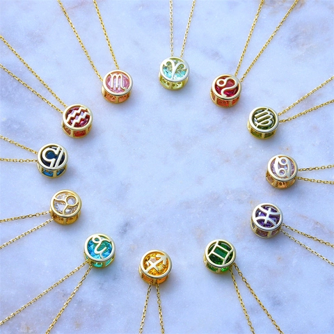Collier Pendentif Zodiaque en Cuivre Plaqué Or Chaîne en Acier Inoxydable Zircone Douze Constellations Bijoux Pour Femmes