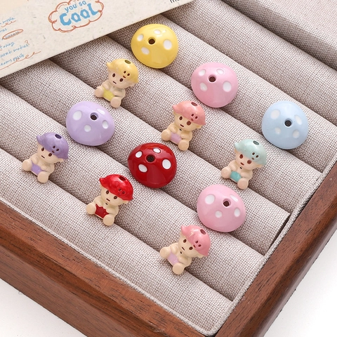 Cute Alloy Enamel Mushroom Doll Pendant Set For DIY Jewelry Making Cartoon Baby Mushroom Cap Beads Craft Accessories
