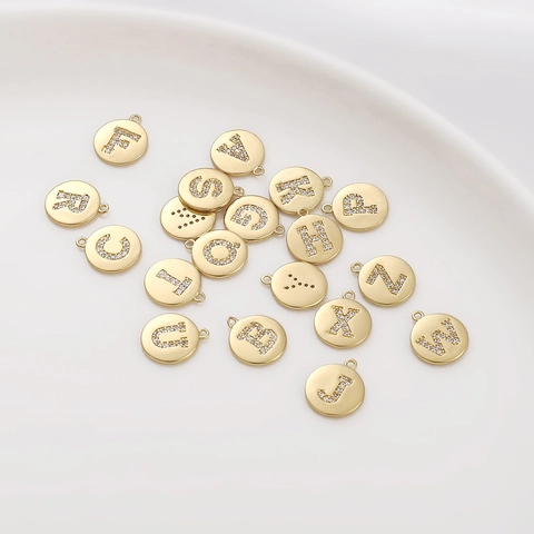 14K Gold Filled Copper Zirconia Round Letter Pendant DIY Bracelet Necklace Making Elegant Minimalist Jewelry Component Hanging Charm