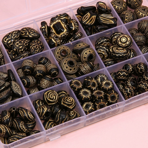 Cuentas de Acrílico Negro Trazado en Oro Vintage Francés Para Creación de Joyas DIY Pulsera Collar Corazón Rosa Ángel