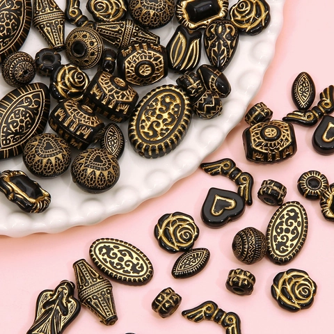 Acrylic French Vintage Gold Tracing Beads Black Gold Embossed Heart Rose Angel Loose Spacer Beads For DIY Jewelry Making