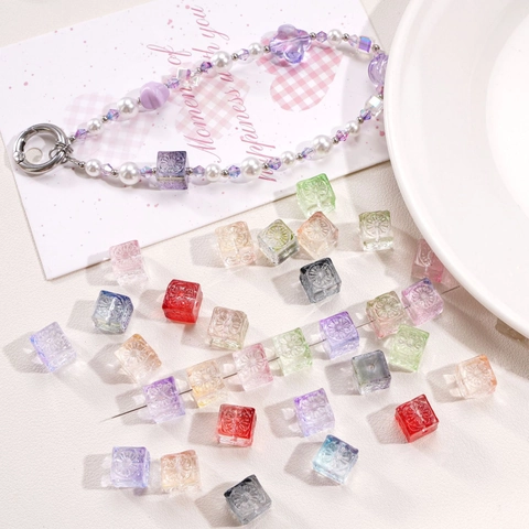 Embossed Flower Glass Cube Beads Transparent Magic Cube Square Loose Beads For DIY Bracelet Necklace Jewelry Making Crafts