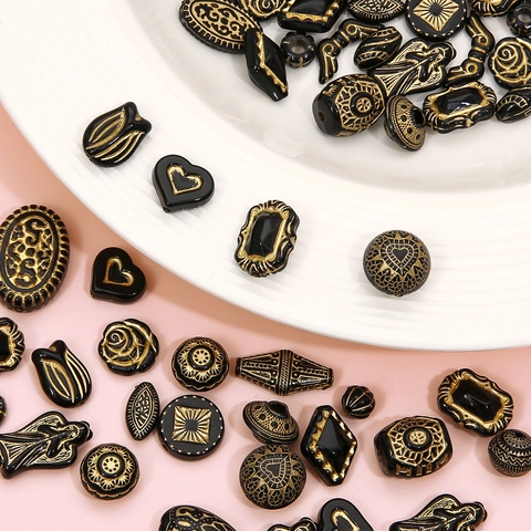 Acrylic French Vintage Gold Tracing Beads Black Gold Embossed Heart Rose Angel Loose Spacer Beads For DIY Jewelry Making
