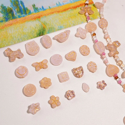 Pink Gold Gilded Glass Czech Beads Butterfly Heart Flower Star Animal Shapes Loose Beads For DIY Jewelry Making Accessories