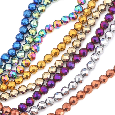 Faceted Hematite Beads Electroplated Metallic Color Loose Round Beads For DIY Jewelry Making Necklaces Bracelets Accessories
