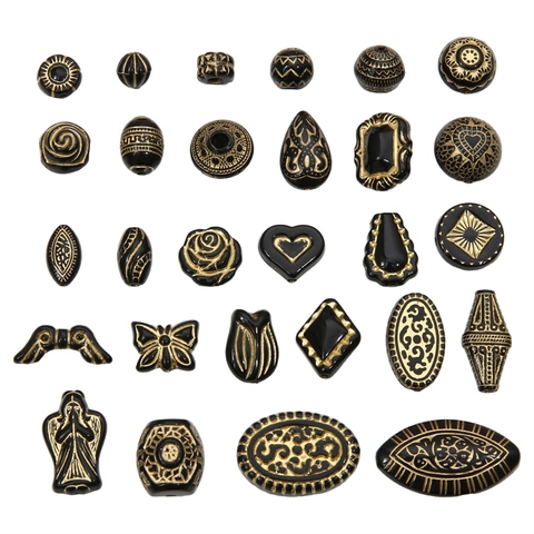 Vintage French Black Gold Acrylic Beads For DIY Jewelry Making Bracelet Necklace Gilded Heart Rose Butterfly Angel Beads