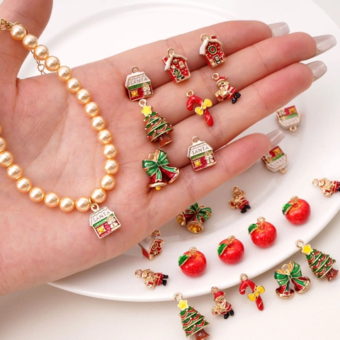 DIY Christmas Alloy Enamel Charms Santa Claus Christmas Tree Bell Apple Candy Cane House Pendants For Jewelry Making Accessories