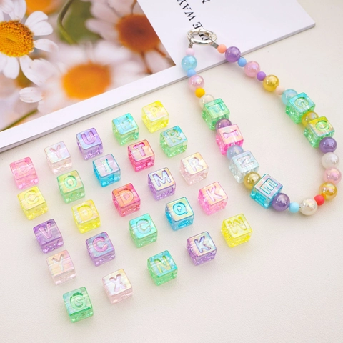 12mm Iridescent Acrylic Alphabet Cube Beads Large Hole Square Letter Beads For DIY Phone Chain Bracelet Jewelry Making