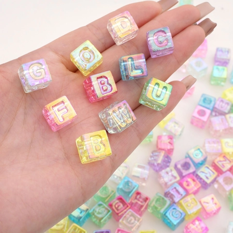 12mm Iridescent Acrylic Alphabet Cube Beads Large Hole Square Letter Beads For DIY Phone Chain Bracelet Jewelry Making