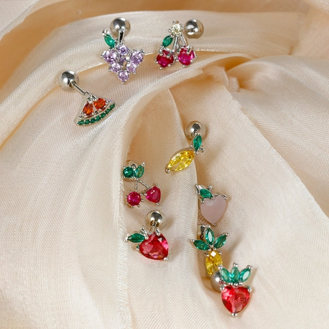Stainless Steel Fruit Stud Earrings For Women Tiny Zirconia Cartilage Piercing Jewelry Cherry Pineapple Strawberry Apple