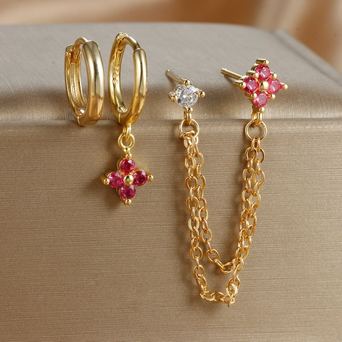 18K Gold Plated Zirconia Flower Earrings Set For Women With 925 Sterling Silver Post Chain Tassel Hoop Stud Earrings Jewelry