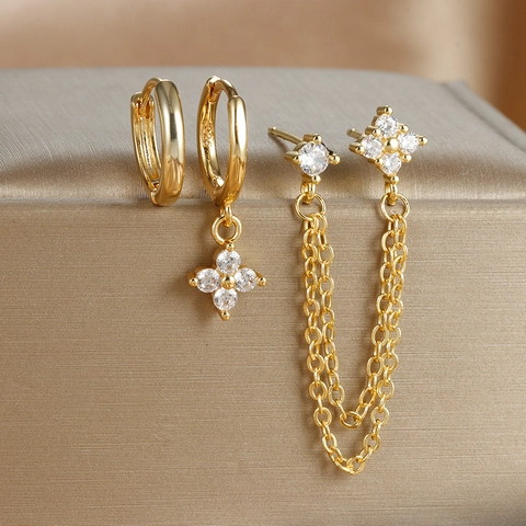 18K Gold Plated Zirconia Flower Earrings Set For Women With 925 Sterling Silver Post Chain Tassel Hoop Stud Earrings Jewelry